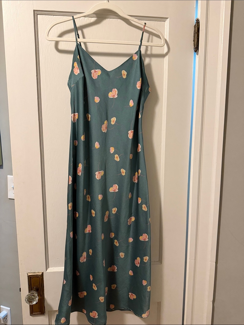 Lush Teal Maxi Slip Dress with Pink Floral Motif